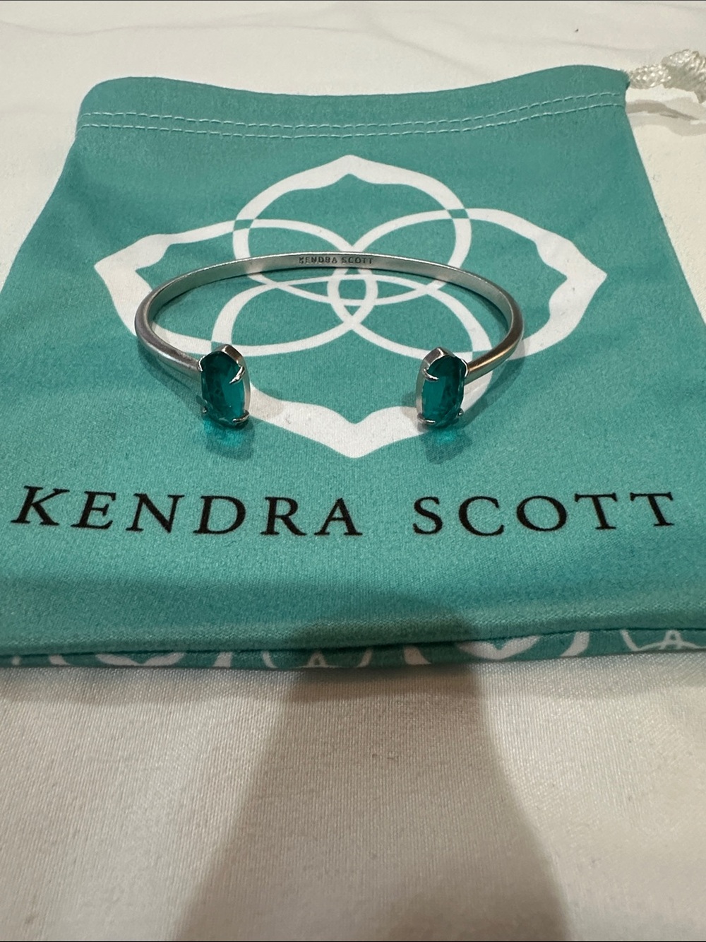 Kendra Scott “Elton” Brushed Silver Open Cuff with Teal Gemstones